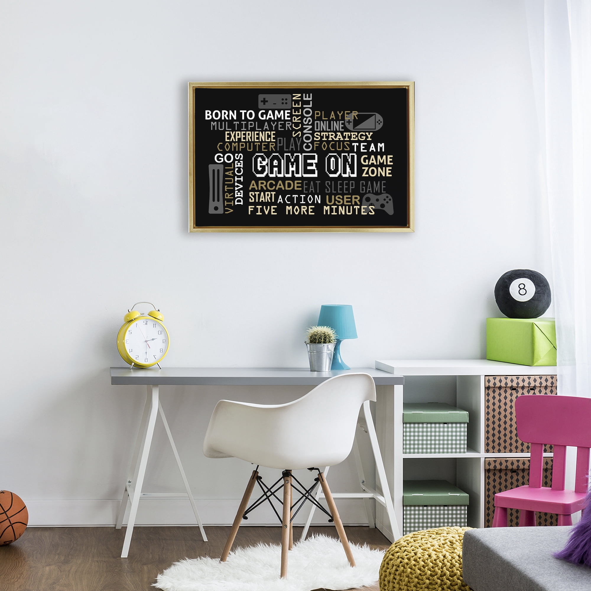 Stupell Industries Game On Gamer Typography Gold Framed Floater Canvas Wall Art, design by Kim Allen