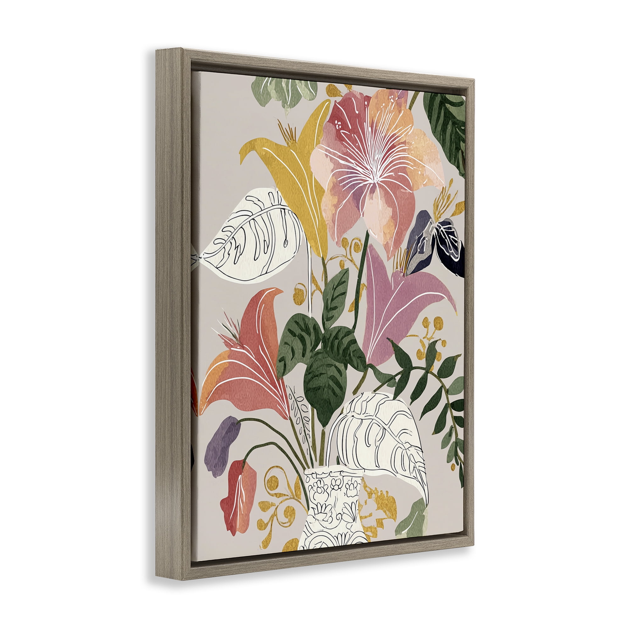 Playful Flower Bouquet Brown Framed Floater Canvas Wall Art, design by Annabelle Hall