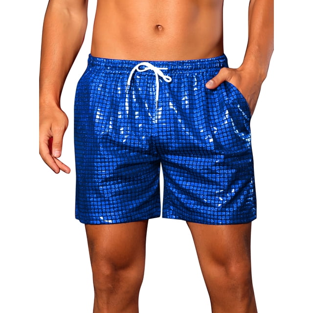 Pantalones Cortos Metálicos Inspire Chic para Hombre con Cintura Elástica y Cordón, Cortos Holográficos de Cuadros Calientes 34 Azul