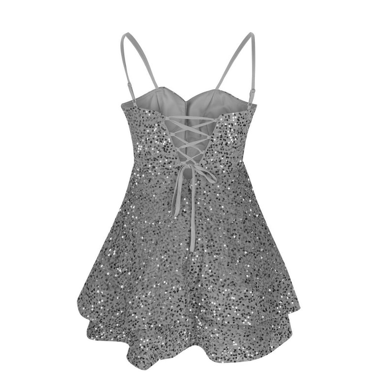Alkepwun Tiered Dress Women V Neck Spaghetti Straps Sequin Short Graduation  Dresses A Line Hem Full-Skirted Mini Dress Sweet 16 Photo Shoot Cocktail  Gown - Walmart.com