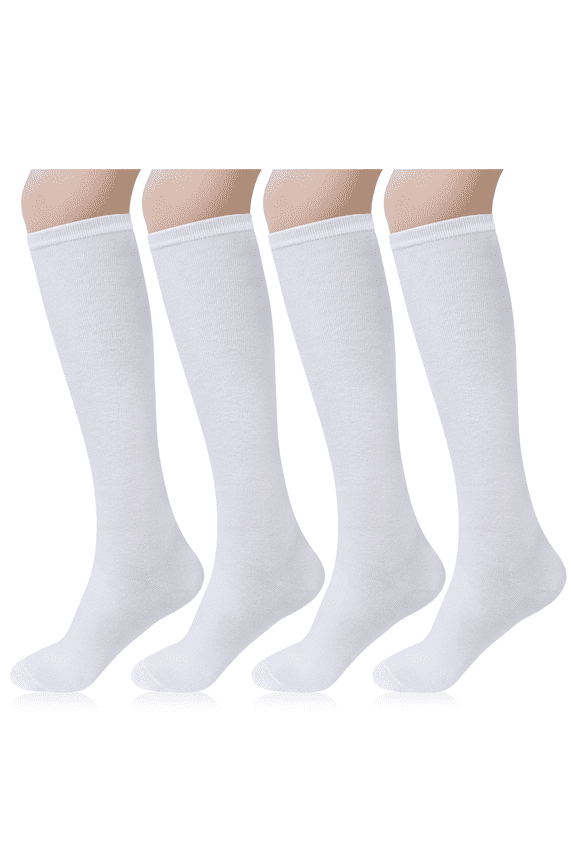4 Pairs Womens Knee High Socks, Casual Cotton Uniform Long Socks for Girls, White