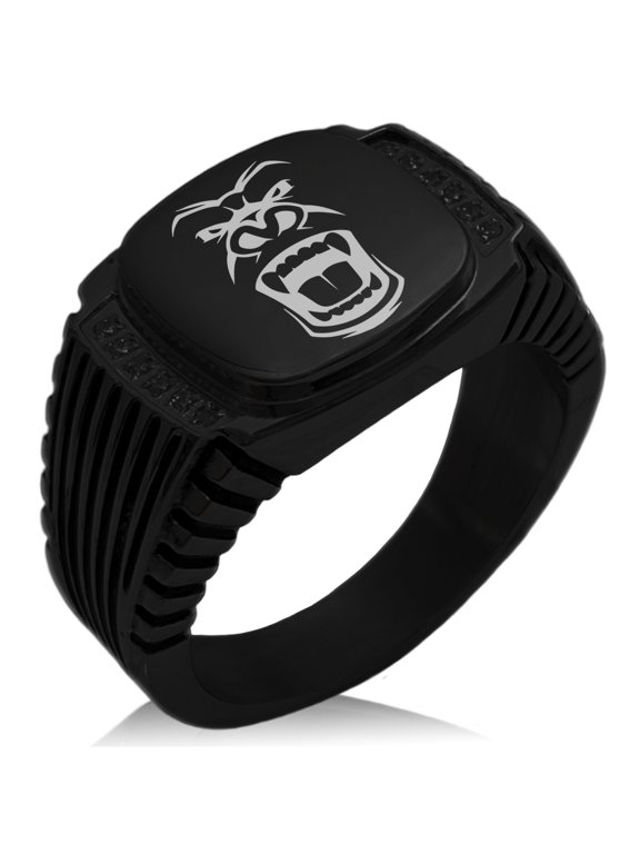 Stainless Steel Formidable Kong Gorilla CZ Ribbed Needle Stripe Pattern Biker Style Polished Ring