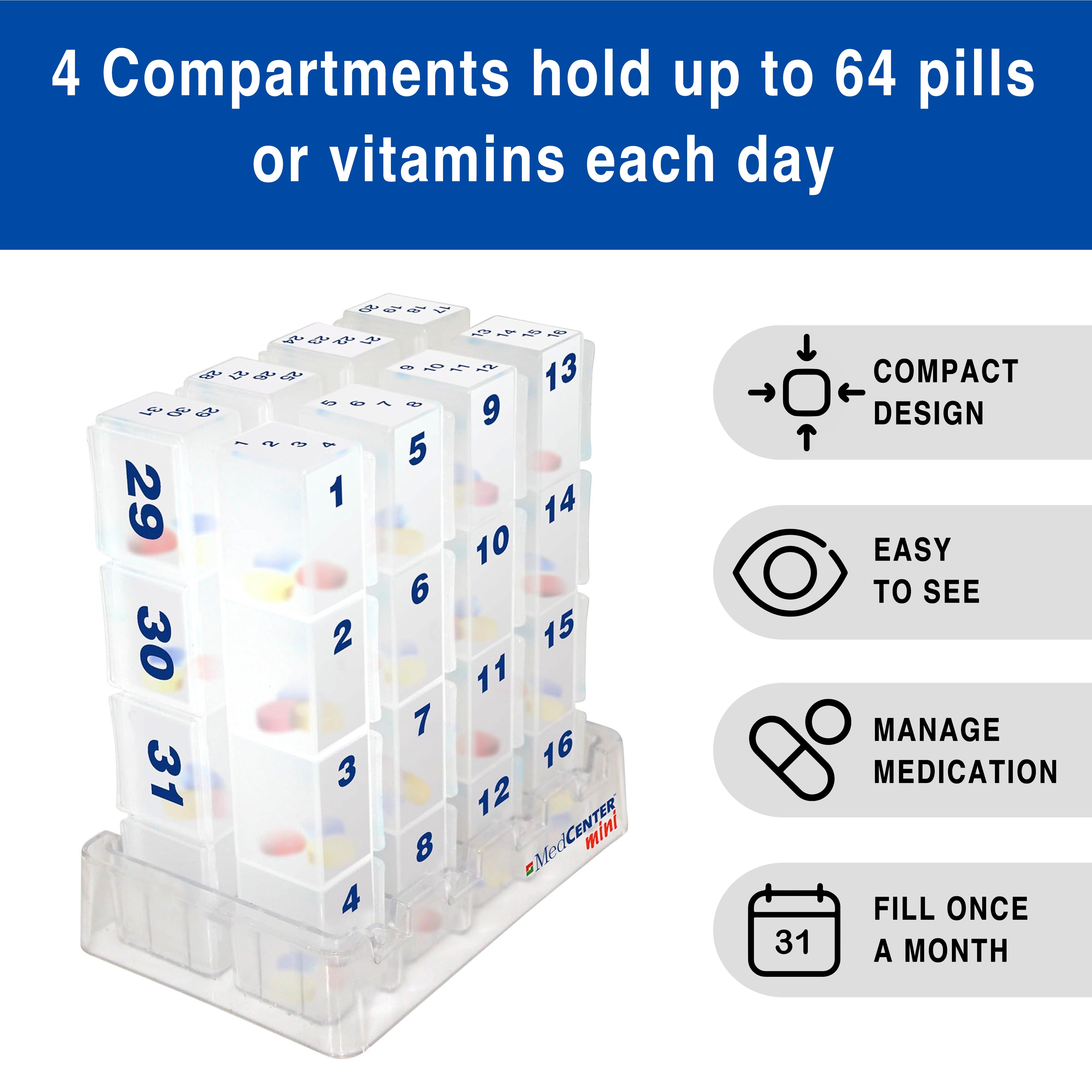 MEDCENTER 31-Day Medication and Vitamin Organizer for Kitchen and Bathroom, Travel Pill Holder