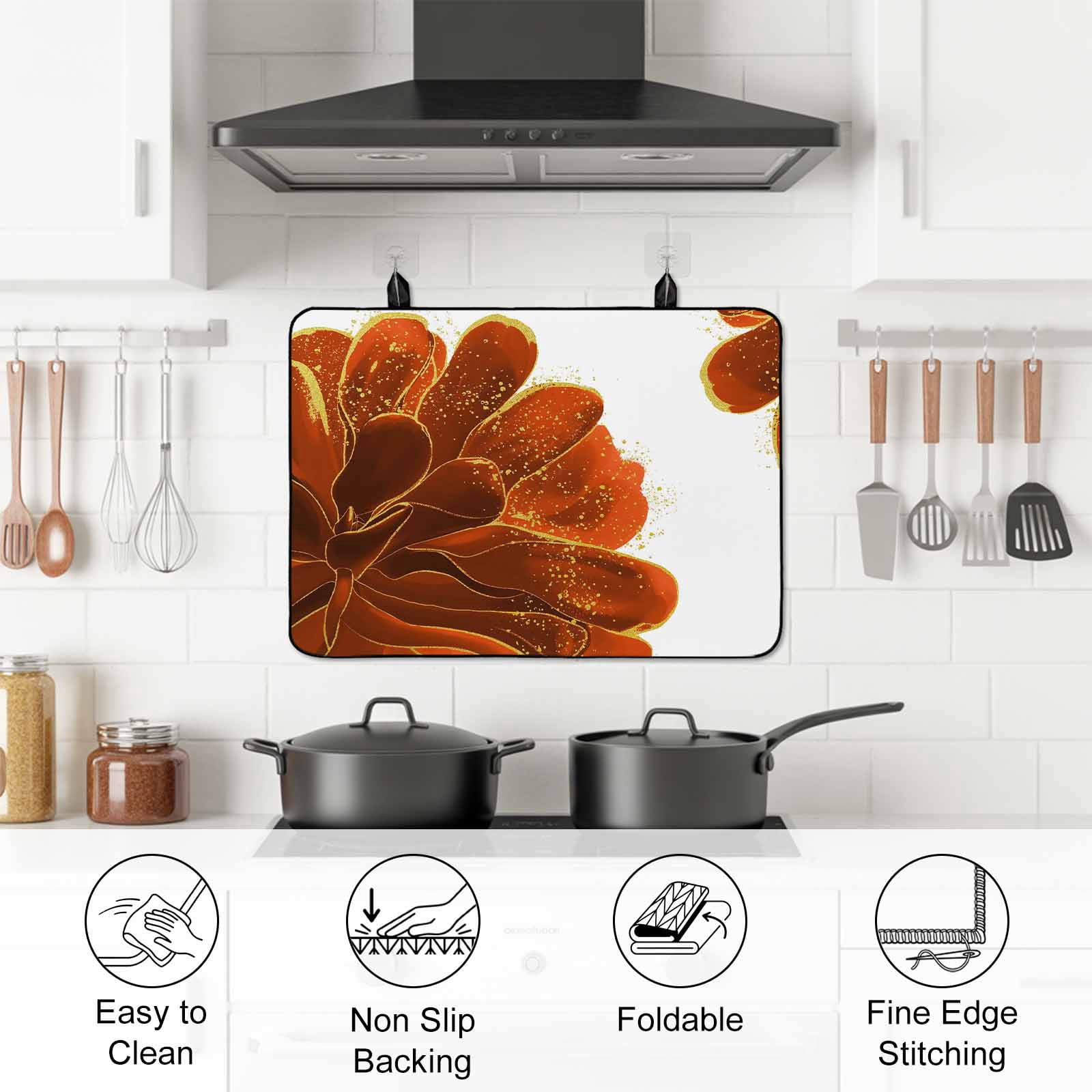 Burnt Orange Stove Top Cover for Electric Stove, Heat-proof & Non Slip Glass Top Stove Cover Protector, Sparkle Gold Stained Floral Flower Art Kitchen Flat Cooktop Rubber Mat 31x24 Inches