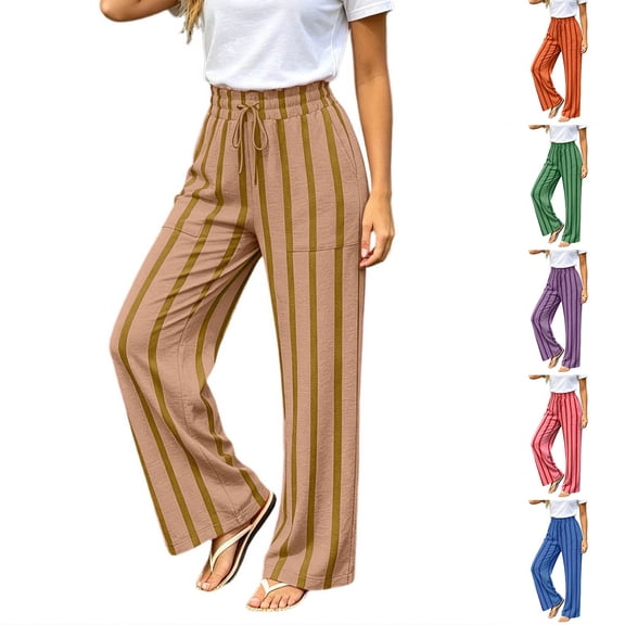 Arlun Striped Linen Pants for Women Summer Baggy Wide Leg Pant Drawstring High Waist Casual Stripes Color-Block Trousers Soft Lightweight Flowy Beach Resort Trouser with Pockets 1-Red XL