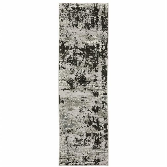 HomeRoots 508586 2 x 8 ft. Gray Charcoal Black & Ivory Abstract Power Loom Stain Resistant Runner Area Rug