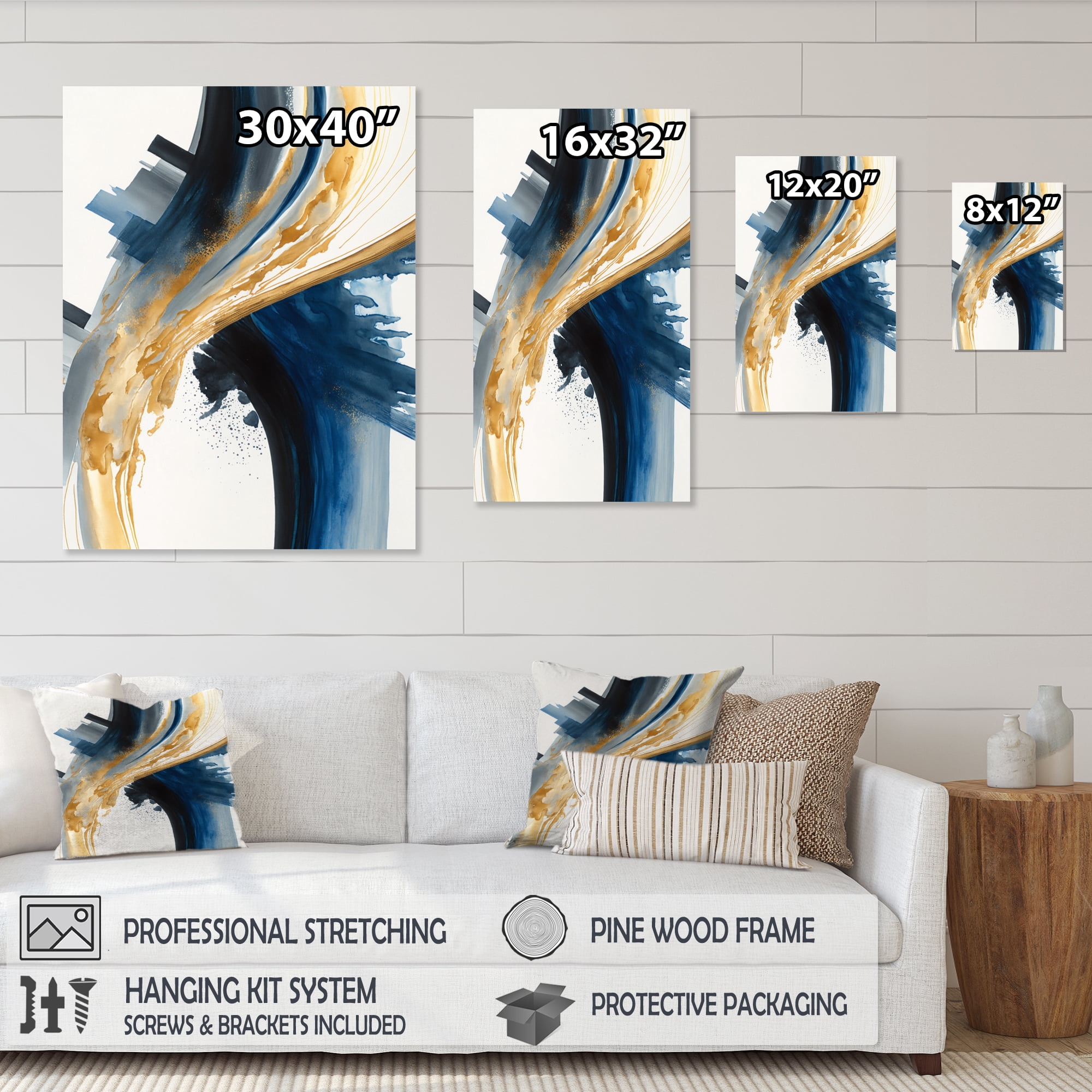 Designart Blue And Gold Swirl Abstract I Canvas Wall Art
