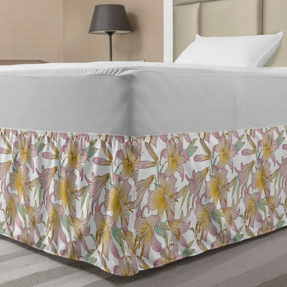 Garden Art Bed Skirt, Royal Spring Lilies Flourishing Garden Plants Nature Coming Alive Theme Pattern, Elastic Bedskirt Dust Ruffle Wrap Around for Bedding Decor, 4 Sizes, Multicolor, by Ambesonne