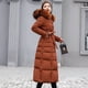 thumbnail image 4 of Chaqueta de algodón para mujer, chaqueta de algodón ajustada hasta la rodilla, cuello de cuero de color, chaqueta de algodón con plumón, 4 of 6