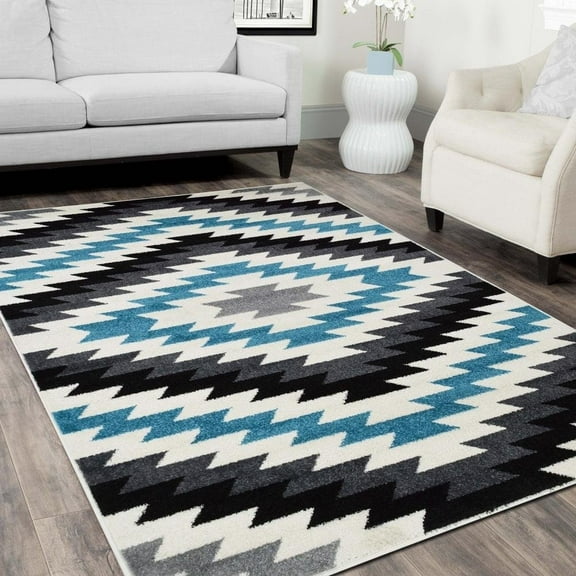 HR HANDCRAFT RUGS HR Southwestern Tribal Inspired Area Rug - Modern Faded Tribal Design - Blue, Gray, Black, White - Contemporary Style 5 x 7