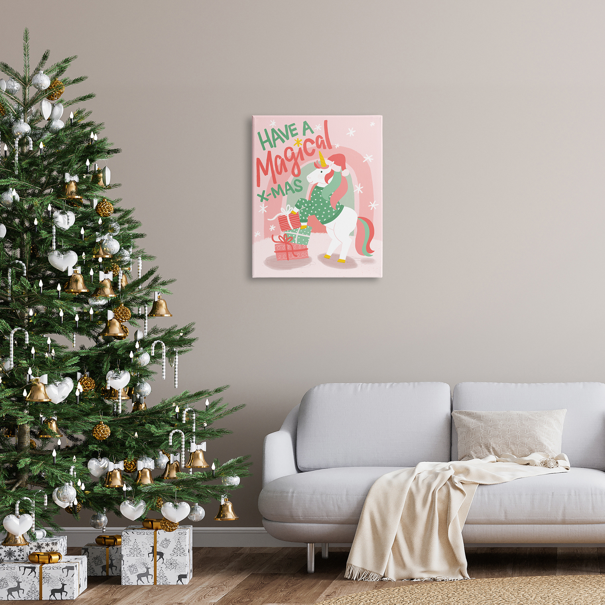 Magical X-Mas Pink Unicorn Rainbow Holiday Gifts Fairy Tales & Fantasy Graphic Art Gallery-Wrapped Canvas Print Wall Art
