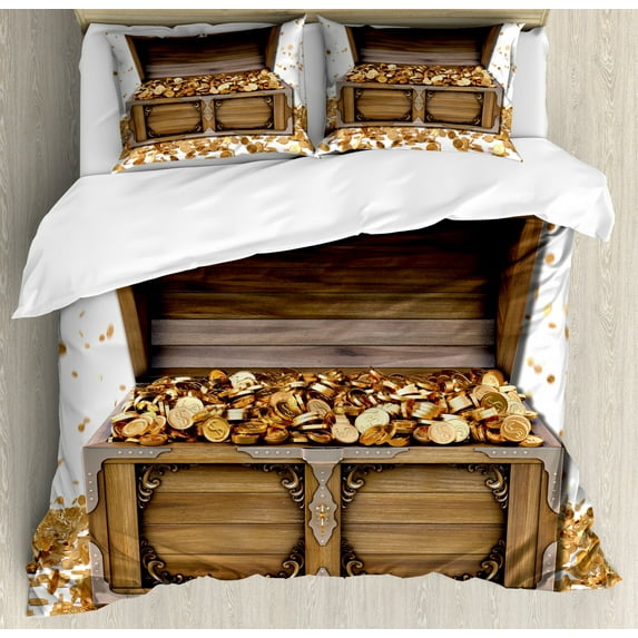Vintage Duvet Cover Set King Size, Golden Yellow Coins Pattern inside a Treasure Chest with Ornamental Motifs, Decorative 3 Piece Bedding Set with 2 Pillow Shams, Brown and Mustard, by Ambesonne