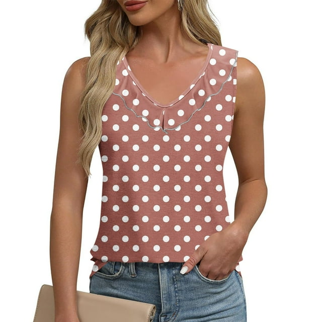 Karight Tank Tops for Women Polka Dot Ruffle Shirts Sleeveless Round Neck Tank Top Casual Summer Blouses Vest