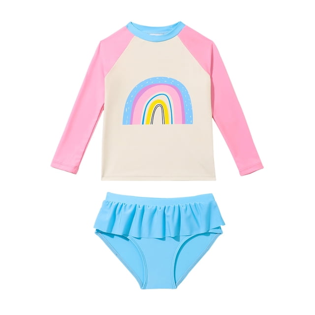 Toddler Girl Swimsuit Set, Kids Long Sleeve Rash Guard and Swim Trunks Two Piece Bathing Suit with UPF 50+ Sun Protection, Cute Print for Beach Pool Surfing Vacation
