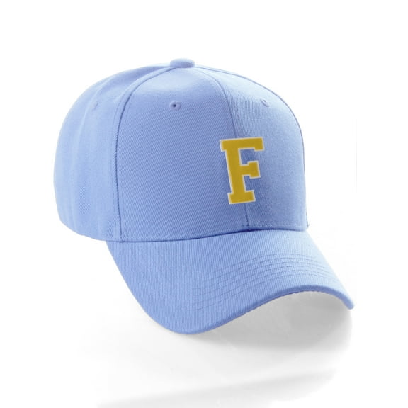 Classic Baseball Hat Custom A to Z Initial Team Letter, Sky Cap White Gold Letter F