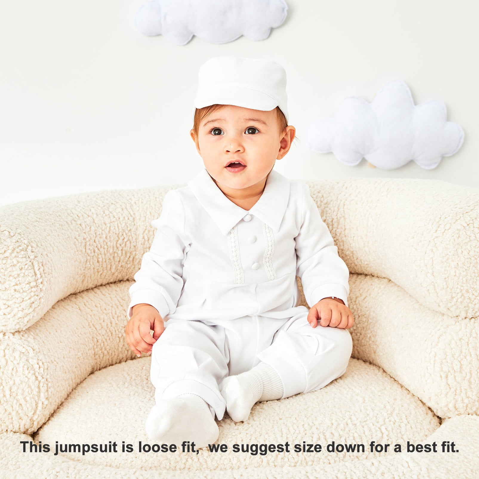 pureborn Baby Boys Baptism Outfits Long Sleeve Jumpsuit with Bonnet 2 Pcs Spring Fall Cotton Christening Clothing White 3-6 Months