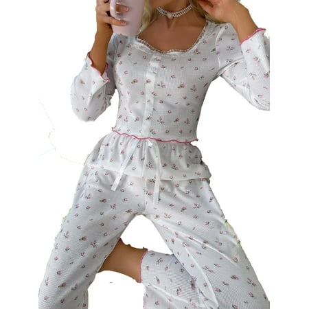 

2pcs Set Cute Ditsy Floral Square Neck PJ Pant Sets Long Sleeve White Women s Pajama Sets (Women s)