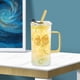 thumbnail image 5 of Vaso de Vidrio Cuadrado Transparente con Asa de Nudo Pajita para Café Leche Botella de Agua de 400ml Amarilla (Color de Pajita Aleatorio), 5 of 6