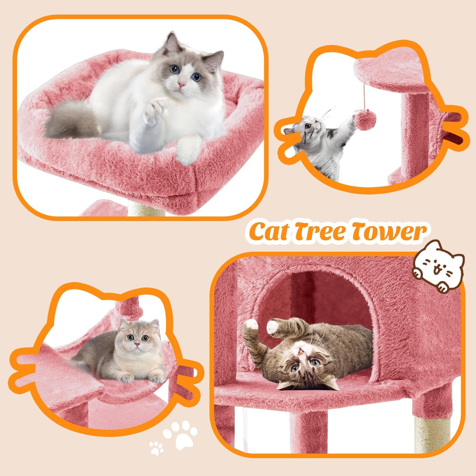 Kelno 44" Cat Tree Tower Durable Cat Climbing Tower with Sisal Scratching Posts Cozy Condo Hammock and Platforms, Pink