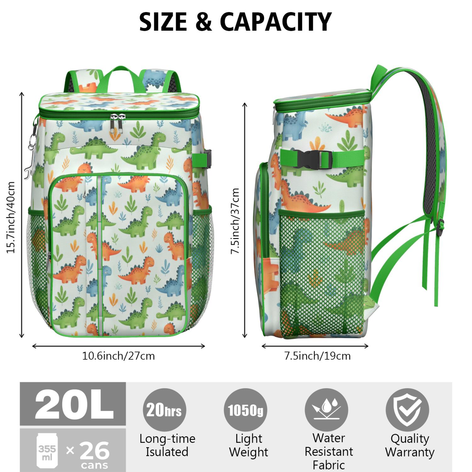 Travel Cooler Bag - LightGreen Cartoon Dinosaurs Leaves Pattern Camping Beer Cooler Backpack with Bottle Opener- Waterproof Insulated Picnic Backpacks - Cooler Bag for Beach