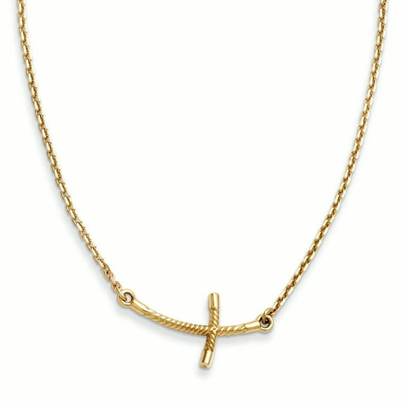 14K Yellow Gold Small Sideways Curved Twist Cross Necklace 19 Inch