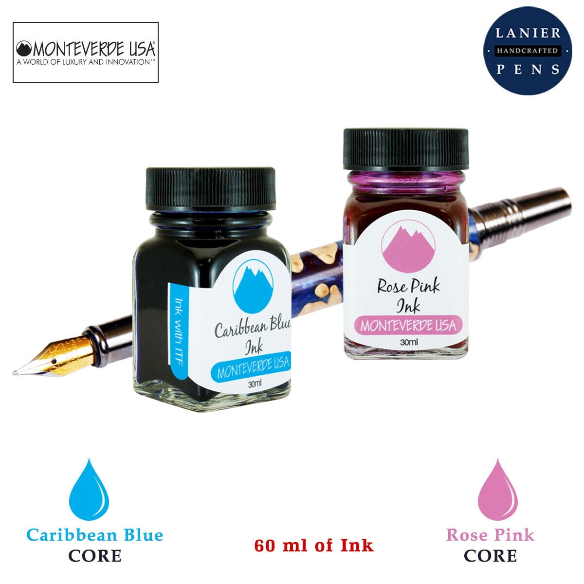 Monteverde 60ml Core Fountain Pen Ink Bottle (30ml Caribbean Blue Ink Bottle G309CU, 30ml Rose Pink Ink Bottle G309RP)