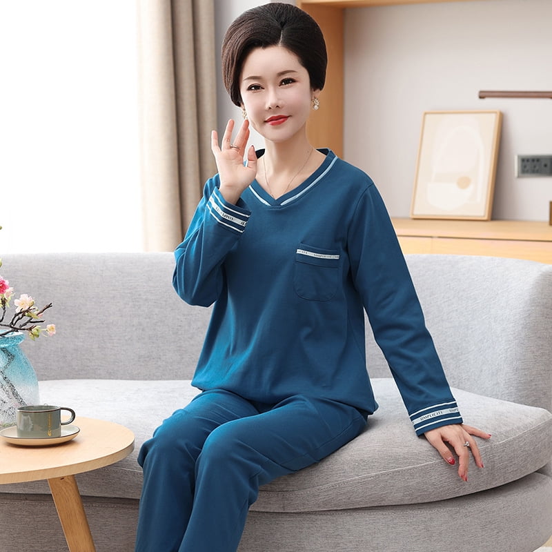 VOIANLIMO Christmas Luxury Fashion Floral Lace Ladies Pajamas Long Sleeve Trousers Cotton Large Size Round Neck Home Clothes Two Piece Set