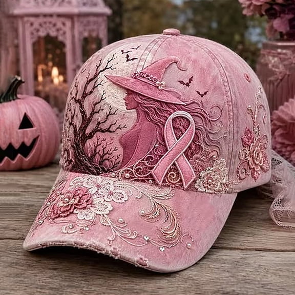 Hkoxplj Hat for Women Breast Cancer Awareness Baseball Cap 3D Printed Witch Bat Lace Ribbon Hat Adjustable Retro Washed Distressed Trucker Hat Gothic Sun Hat Cap for Daily Wear Halloween Gift Hat