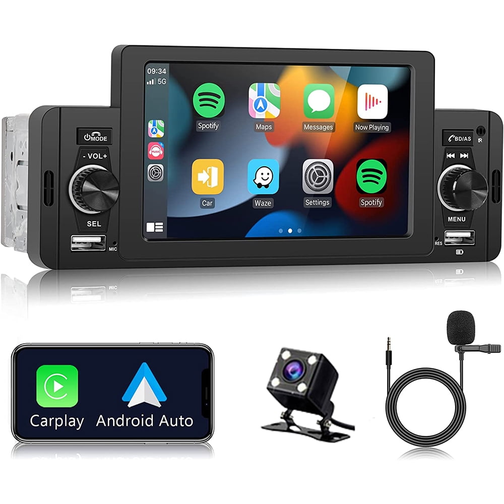 Podofo  5'' Touch Screen Car Stereo Radio with Apple Carplay Android Auto Mirror Link HD Car MP5 Multimedia Player Bluetooth USB FM Audio Receiver USB, Backup Camera