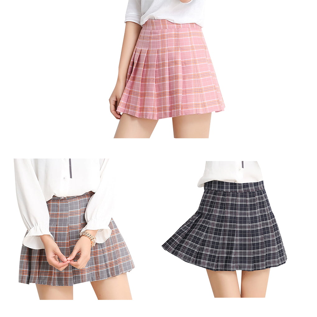 Women Grid Pleated Skirt High Waist Miniskirt A-Lineskirt Tennis Short ...