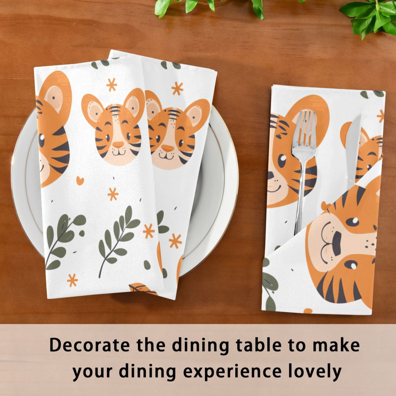 JSTEL Cute Tiger Leaves Cartoon Cloth Napkins Set of 6, 20x20 Inch Washable and Reusable Napkin for Decoupage Dinner Party Everyday Use