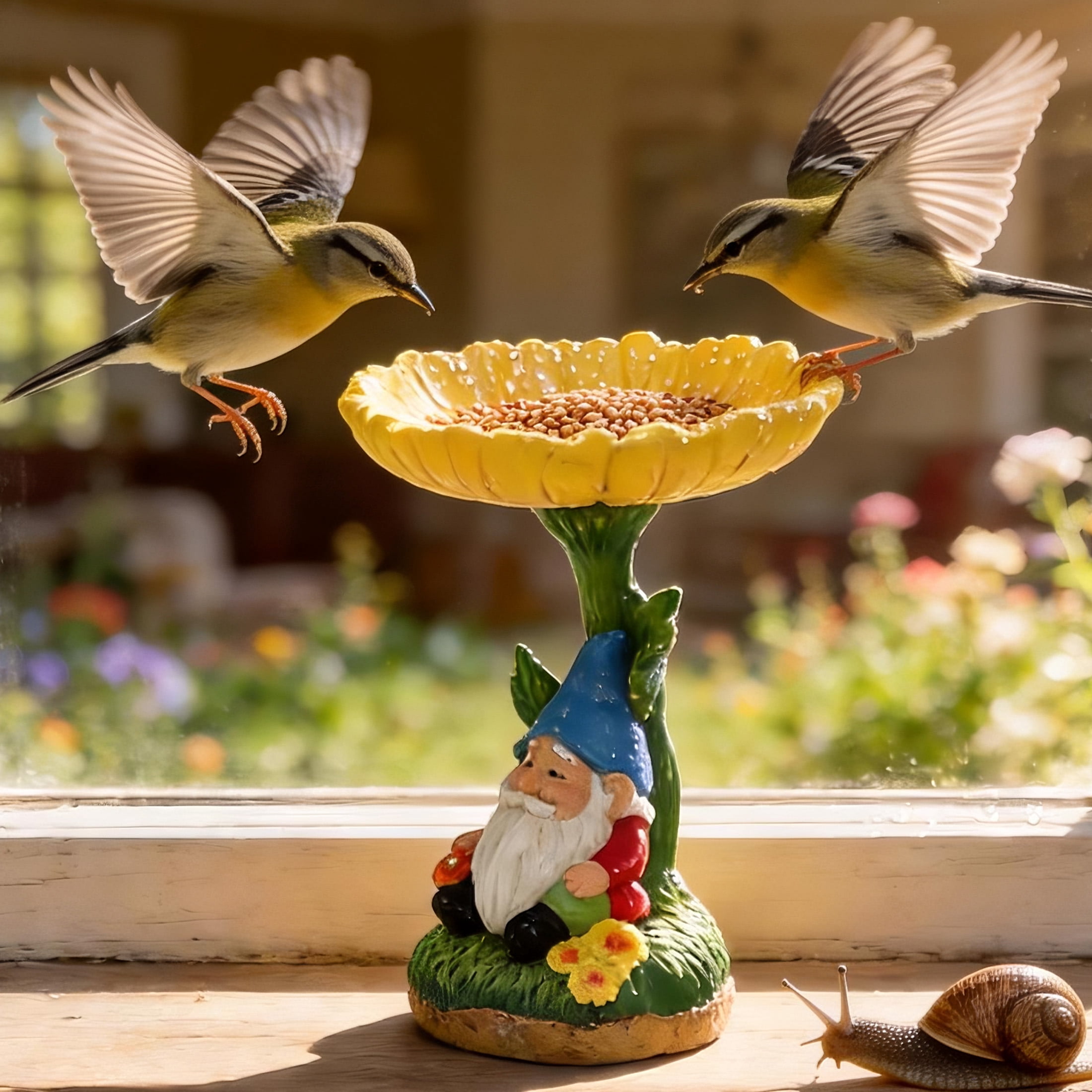The Growing Ground Daisy Gnome Bird Feeder, Resin Garden Statue with Flower Bowl for Outdoor Patio Decor, Yellow
