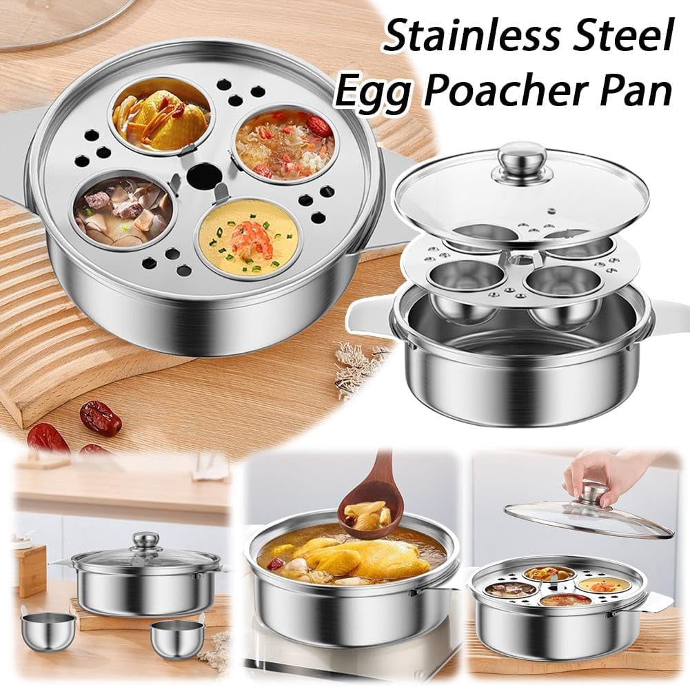 Egg Poacher Pan with 4 Cups, Stainless Steel Egg Poaching Pan, Poached Eggs Cooker, Eggs Cooker with Glass Lid and Heat Resistant Handle, Multifunctional Poacher Pans for Breakfast
