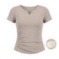 thumbnail image 5 of FUYUDY Women T Shirt Summer Seamless Workout Yoga Tee For High Performance Slim Fit V Neck Solid Color Athletic Shirt Stretchy Wicking Breathable Comfortable Female Top For Everyday Wear,Beige,M, 5 of 5