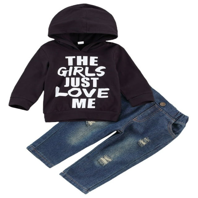 Chandail à Capuchon pour Nouveau-Né Bébé Garçon à Imprimé de Lettres, Design Élastique, Jeans Gris 12-18 Mois