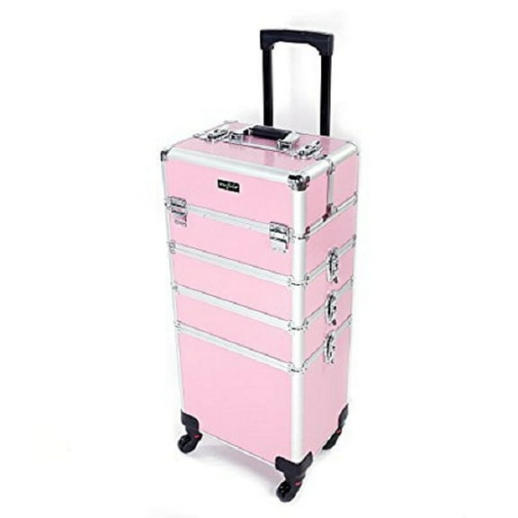 4 in 1 Rolling Makeup Train Case, Professional Aluminum Makeup Travel Organizer Cosmetic Case, Cosmetology Caboodle Case on 360 Wheels, Beauty Storage Luggage Lockable