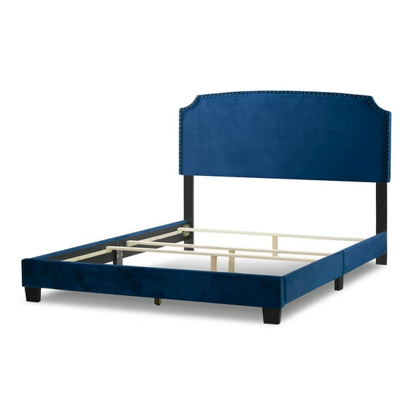 Glamour Home Arezo Fabric Queen Bed with Black Nail Head Trim in Blue