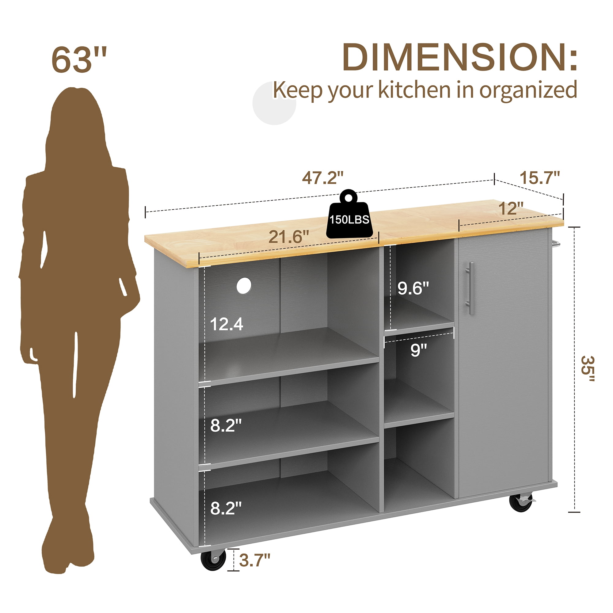 Walsunny Kitchen Island on Wheels with Storage Cabinet & Drawer, 47.4" Large Kitchen Cabinet with Open Shelves Grey