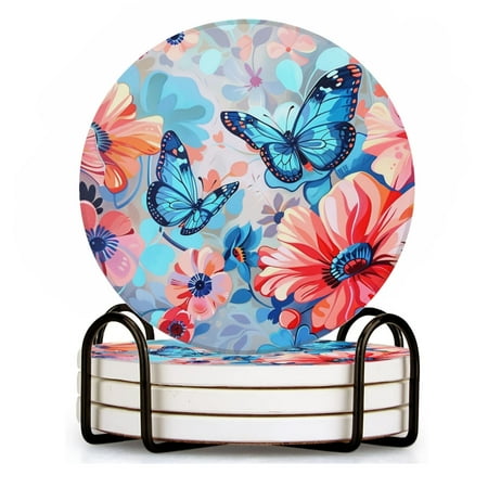 

BaHomeck Drink Coasters Set of 4 with Holder Colorful blue butterflies and flowers Water Absorbent Ceramic Coasters Tabletop Protection Suitable for Various Cup Home Decor