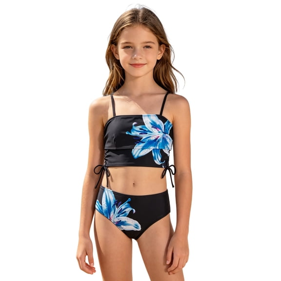 Tfken Summer Girls Teen Cute Swimsuit Set Outfits Beach Swim 2 Piece Swimming Bikini Vest With Trunks Set Swimwear Sleeveless Floral Print Children Soft Bathing Suits Size 9-10 Years Black