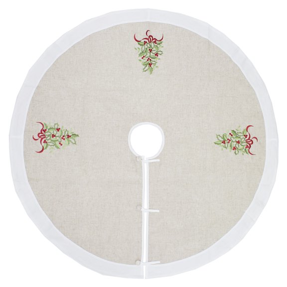 Embroidered Holly Christmas Tree Double-Layer Holiday (Natural White Tree Skirt 53")