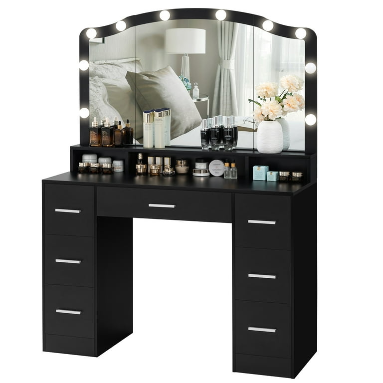 43.3W Makeup Vanity White Vanity Desk with Hidden Storage Shelves