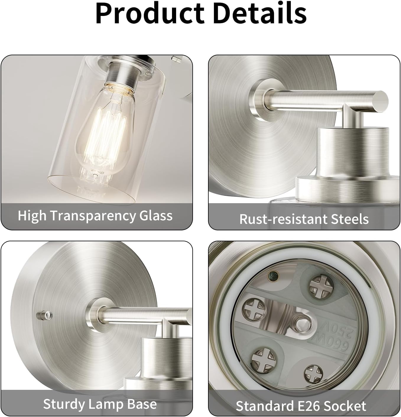Brushed Nickel Wall Light: LED Wall Sconces Indoor, Modern Sconces Wall Lighting with E26 Base and Clear Glass Shade, Wall Light Fixtures for Bedroom, Hallway, Mirror, Living Room