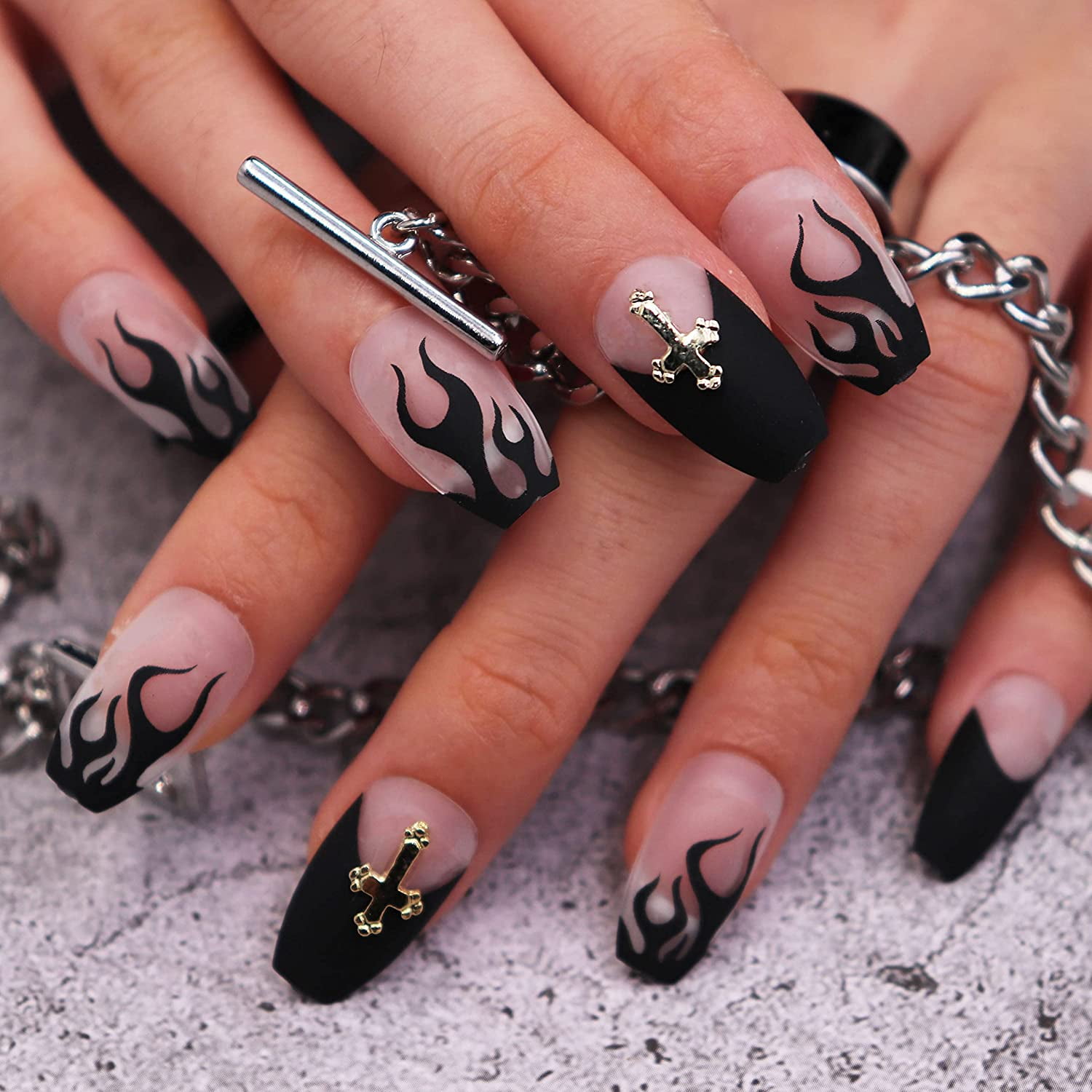 Short Press On Nails Black Flame Square Fake Nails Matte False Nails Full Cover Short Acrylic Nails For Women And Girls Walmart Com