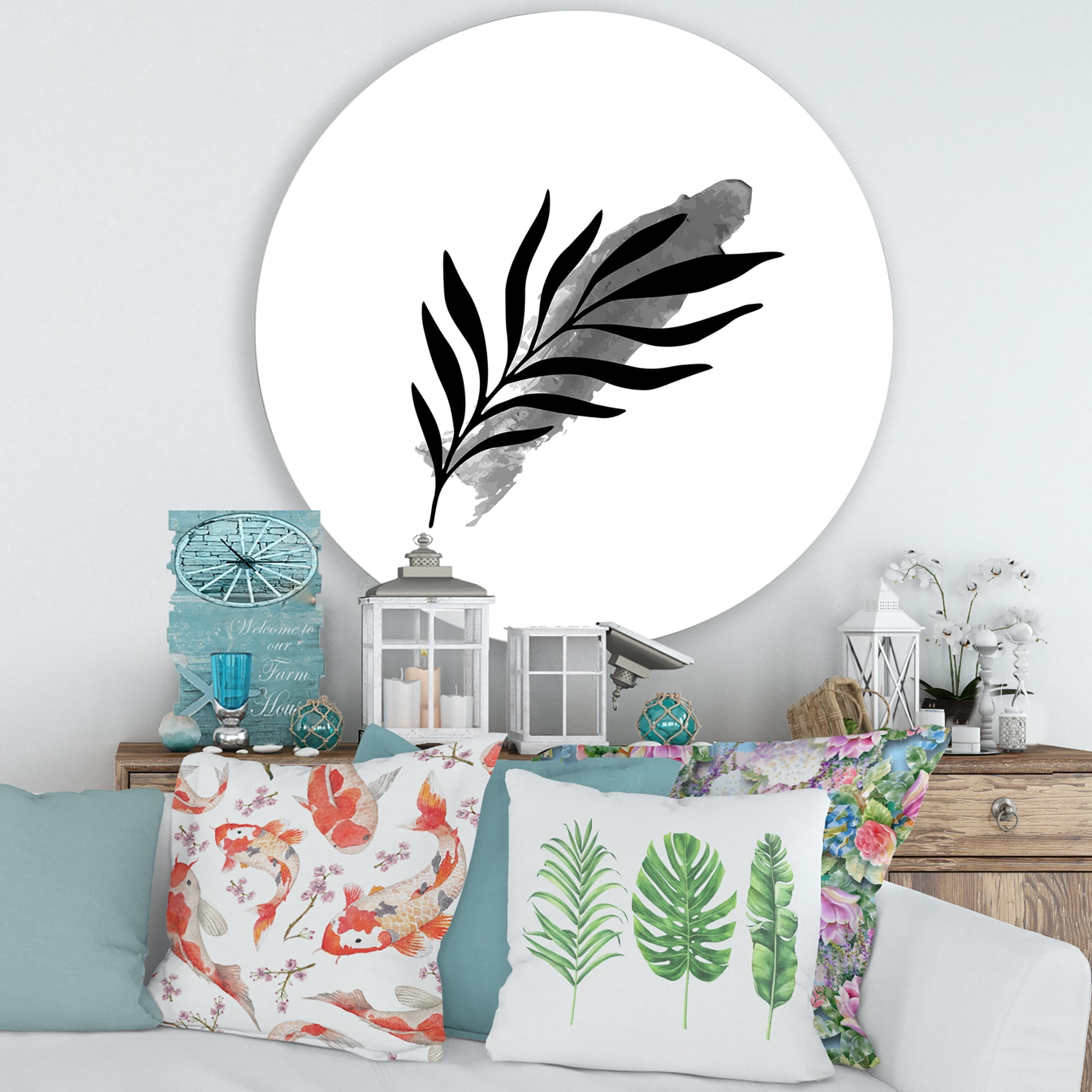 Designart 'Abstract Black Tropical Leaf I' Modern Circle Metal Wall Art 36x36 - Disc of 36
