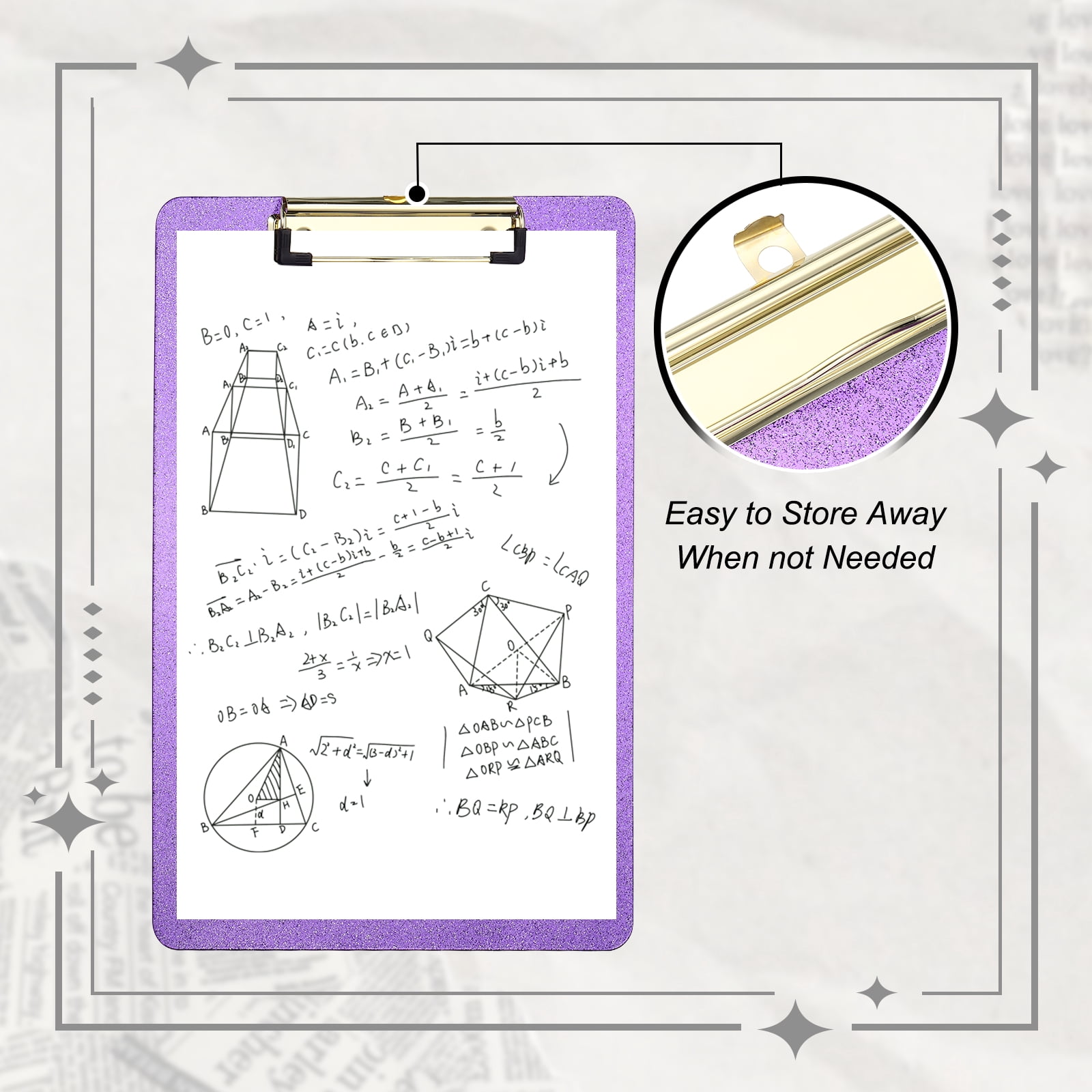 Uxcell 2 Pcs Plastic Clip Boards, A4 Size Glitter Purple Stylish Clip Boards Glitter Design Cute Clipboards Office Supplies for Restaurant Shop Store Note Memo Card Sign Holder