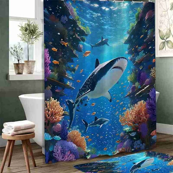 70x70 inch Shark and Coral Reef Underwater Scene Shower Curtain, Waterproof Polyester Fabric with Hooks for Bathroom Decor