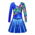 thumbnail image 4 of Doomiva Kids Girls Printed Patchwork Long Sleeve Gymnastics Ballet Dance Leotard Bodysuit with Pleated Skorts Skirt Set Royal Blue 14, 4 of 7