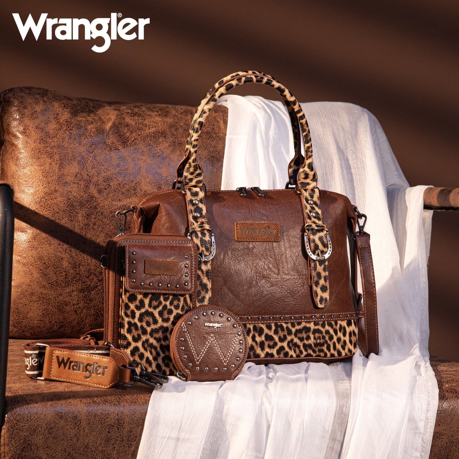 Wrangler 3Pcs Doctor Bag Sets for Women Top-Handle Satchel Bag with Cell Phone Handbags & Coin Purse, Leopard-Brown