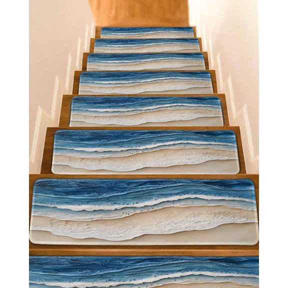 Stair Treads for Wooden Steps, Blue Beach Coastal Peel and Stick Stair Treads with Reusable Adhesive, Nautical Seaside Ocean Beige Non Slip Indoor Stairs Runner Rugs Mats for Elders Dogs 8"x30" 4PCS